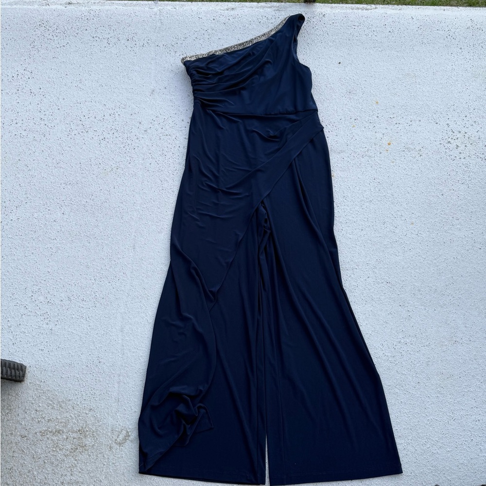 ADRIANNA PAPELL Beaded One-Shoulder Matte Jersey Jumpsuit In Midnight Size 16 - Picture 10 of 12